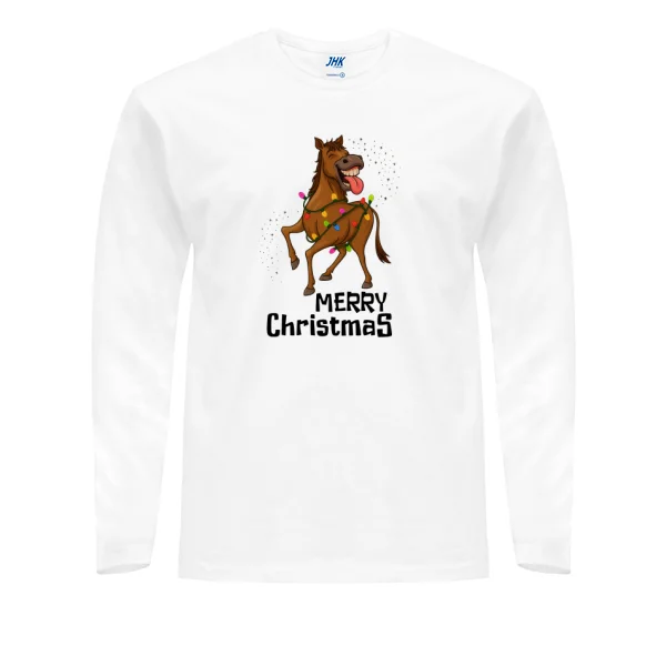 Мужской лонгслив Merry Christmas конь и гирлянда